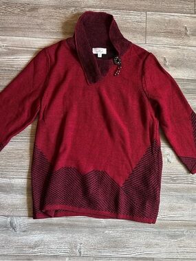 MIA Burgundy Red Shawl-Collar Knit Sweater with Broch Accent